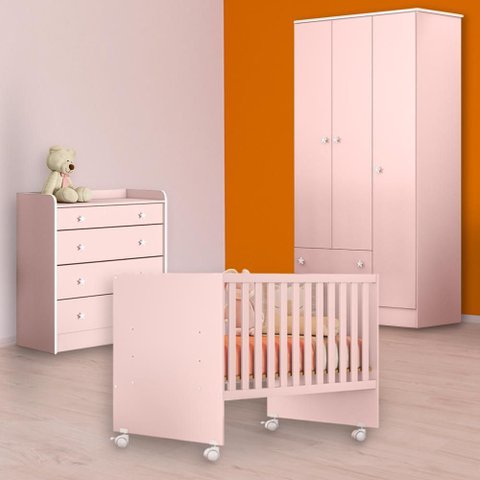Conjunto Berço Reto, Cômoda Trocador e Guarda Roupa Rosa