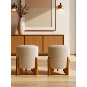 Kit 02 Puff Piave Decorativo Tecido Linho Banqueta Redondo Pés de Madeira Maciça