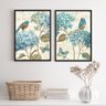 Kit 2 Quadros Decorativos Passarinhos Hortências 45x34cm - com Vidro:madeira Branca - 1