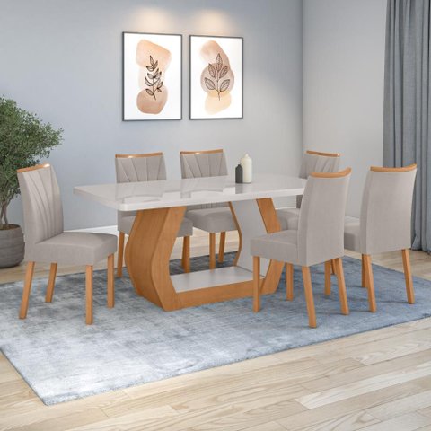 Conjunto Sala de Jantar Mesa Easy Tower 170x90cm Mdf/vidro com 6 Cadeira Armoni Veludo Liso