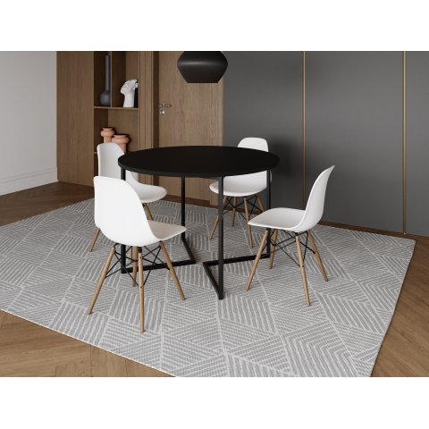 Mesa Industrial Base Ferro Preto em V Tampo 110cm Preto 4 Cadeiras Eames Madeira Assento Branco