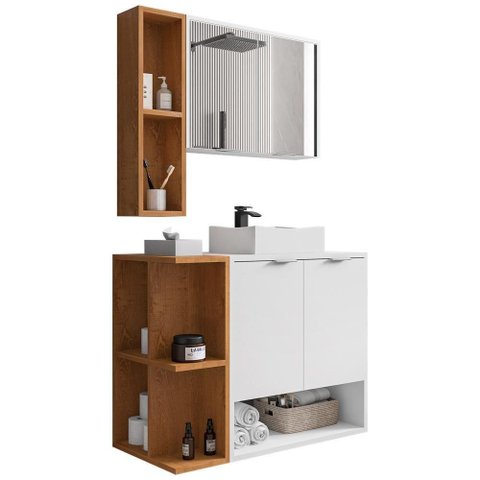 Gabinete para Banheiro com Cuba e Espelho Siesta B02 Branco Naturalle - Lyam Decor