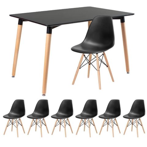 Kit - Mesa Retangular Eames 80 X 120 Cm Preto + 6 Cadeiras Dsw Preto Mesa Preto com Cadeiras Preto