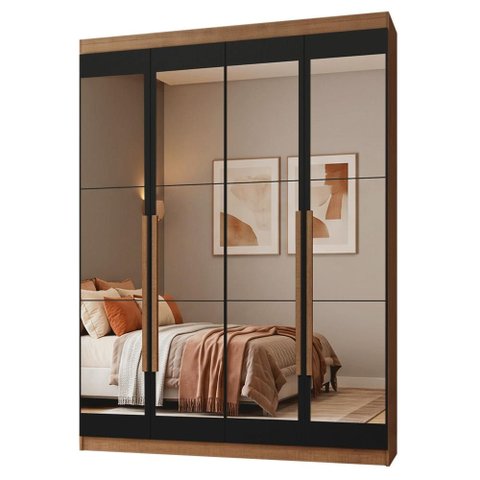 Guarda-Roupa Solteiro 4 Portas Batentes com Espelhos Rustic/Preto/Rustic Netuno Madesa