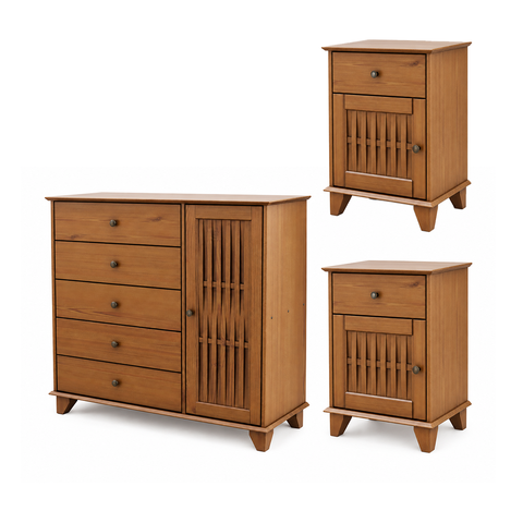 Conjunto 2 Mesa de Cabeceira Lux + 1 Cômoda 1 Porta 5 Gavetas Lux Ipê