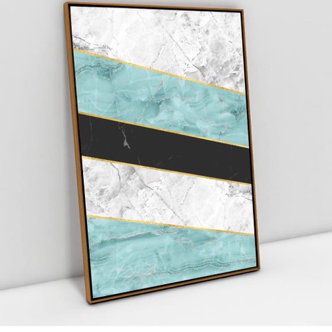 Quadro Decorativo em Canvas Geométrico Branco e Azul TaColado Moldura Flutuante 4,5cm Freijó 120 x 8