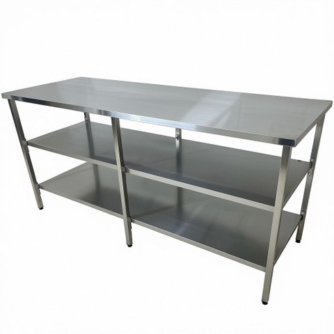 Mesa de Aço Inox Industrial 140x70x90 cm com 2 Prateleiras Plano Liso Nortinox