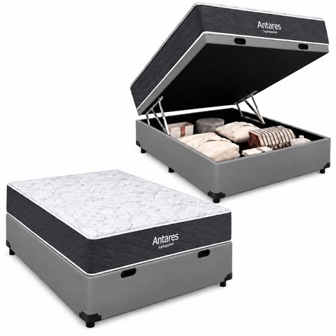 Cama Box Baú Airtech Antares Casal + Colchão de Molas Ensacadas - Ortobom - Spring - 138x188x67cm