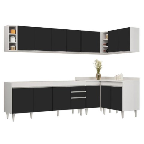 Armário de Cozinha Modulado de Canto 7 Peças Cp34 Balcão sem Tampo Branco-preto - Lumil