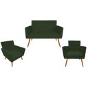 Ver imagem 1 de Kit Namoradeira + 2 Poltronas Decorativa Nina Capitonê Suede Verde Pés Madeira Ms Decor