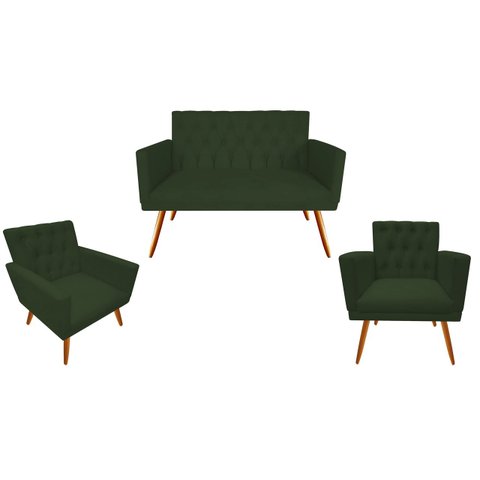 Kit Namoradeira + 2 Poltronas Decorativa Nina Capitonê Suede Verde Pés Madeira Ms Decor