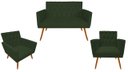 Ver imagem 1 de Kit Namoradeira + 2 Poltronas Decorativa Nina Capitonê Suede Verde Pés Madeira Ms Decor