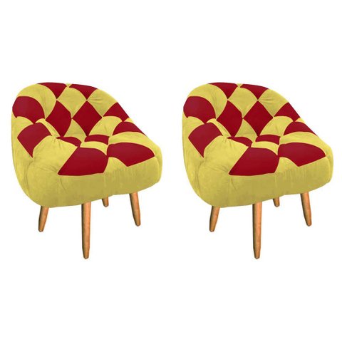 Kit 02 Poltrona Paloma Escritório Sala Pé Palito Suede Amarelo e Suede Vermelho - Dominic Decor