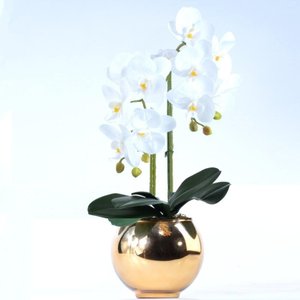 Arranjo 2 Orquídeas Artificiais Brancas em Vaso Dourado Leka
