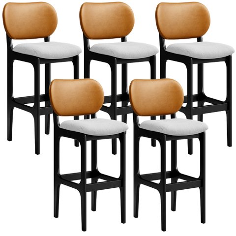 Kit 5 Banquetas Alta Bar Cozinha Jantar Betta L02 Preto Couríssimo Whisky Linho Cinza - Lyam Decor