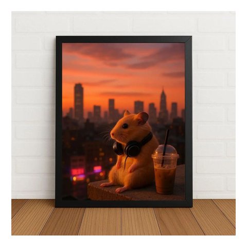 Quadro Decorativo Hamster com Fone e Café Ao Pôr do Sol