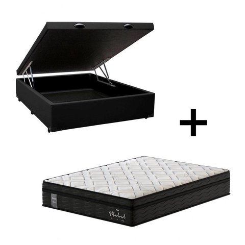 Cama Box Baú Casal Sintético Preto com Colchão de Molas Ensacadas - Madrid - Probel - Preto