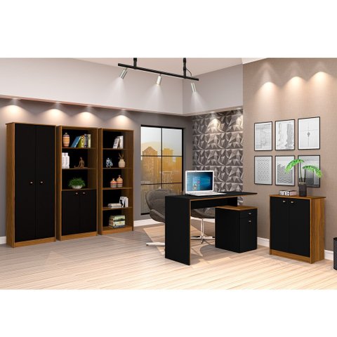 Conjunto Office Escritório Completo 5 Peças Multiuso Preto Freijó