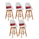 Ver imagem 1 de Kit 05 Banquetas Alta Maya Giratória Com Encosto Linho Bege Claro e Almofada Suede Vermelho - Gat