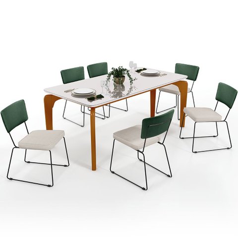 Mesa Capri 160cm Off White e 6 Cadeiras Allana B05 Facto Verde Musgo Linho Cru - Lyam Decor