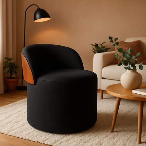 Puff Encosto Corino Redondo Suede Sala Penteadeira Quarto:preto