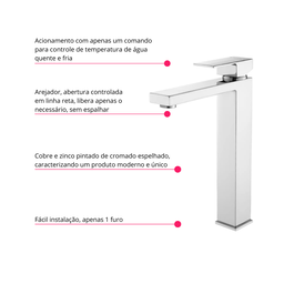 Torneira Monocomando Cromada Quadrada Banheiro Lavabo Bica Alta Luxo Inovartte In01 - 8