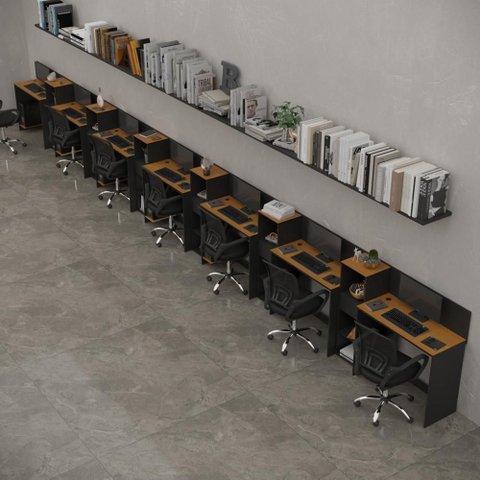 Conjunto de Escritório Smart 6 Livreiro e 7 Mesas 90cm - Preto e Cedro