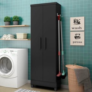 Armário Multiuso Siena 2 Portas C- Gancho para Vassouras e Rodo Preto Fosco