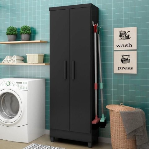 Armário Multiuso Siena 2 Portas C- Gancho para Vassouras e Rodo Preto Fosco