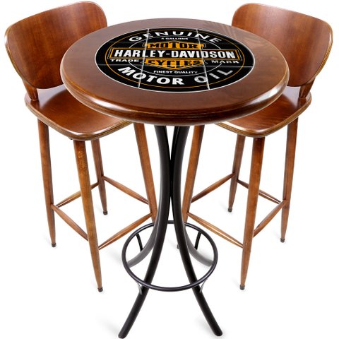 Conjunto Mesa Madeira Azulejo 60cm - Bistrô Fixa 98cm + 2 Banquetas 73 - Natural - Harley Davidson Genuine