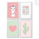 Ver imagem 1 de Kit com 4 Quadros Decorativos Infantil Lhama Cacto Coração:branca