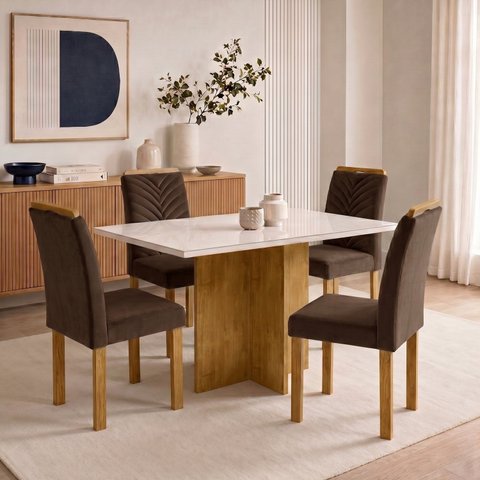 Conjunto Sala de Jantar 4 Lugares Retangular Tampo Vidro MDF 120x80cm Mesa e Cadeiras Carol