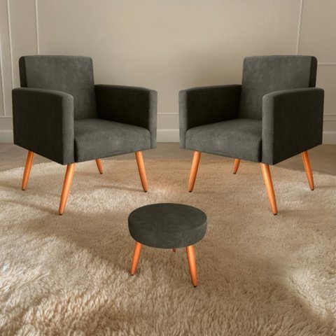 Conjunto Poltronas e Puff Anari Veludo Turkey Marrom