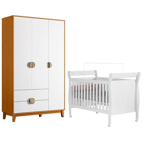 Berço Americano Slim Branco com Guarda Roupa Ipê Branco Cinamomo - Móveis Albatroz