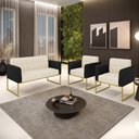 Ver imagem 2 de Sofá Namoradeira e 2 Poltronas Base Industrial Dourado Elisa Preto/linho Bege A19 D03 - D'Rossi