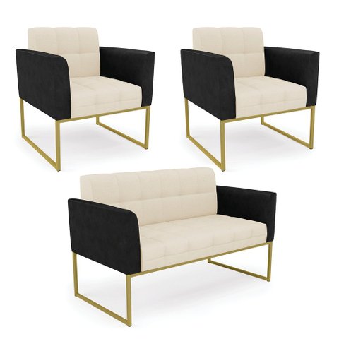 Sofá Namoradeira e 2 Poltronas Base Industrial Dourado Elisa Preto/linho Bege A19 D03 - D'Rossi
