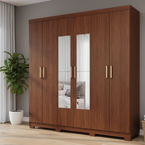 Guarda-Roupa Casal 6 Portas com Pés e Espelhos 199cm 100% MDF Paraty Espresso Móveis Marrom/Jequitiba
