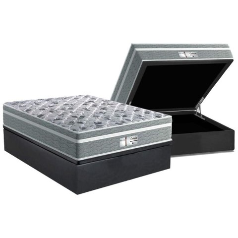 Cama Box Baú Casal: Colchão Molas Bonnel Probel Ensacadas Evolution Gray + Base Crc Suede Gray (