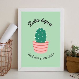 Quadro Lembrete Beber Água - Beba Água 33x24cm - com Vidro:madeira Branca