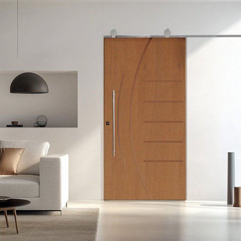 Porta Correr 134 Trilho Soft Aparente Puxador Tubo 60cm 110cm x 210 Pmf Rodam Abertura Direita Marrom