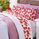 Ver imagem 1 de Jogo de Cama Lençol Casal Padrão Morangos Branco com Fronhas e Virol Estampados 04 Peças - Tecido