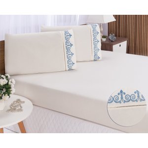 Jogo lençol quarto casal king bordado 3 peças Palha com Azul