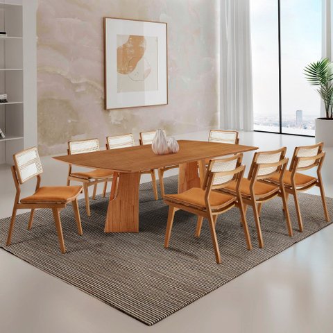 Sala de Jantar Mesa Florida 220cm Tampo Laminado Barril e 8 Cadeiras Eva Premium Moderna Mobília