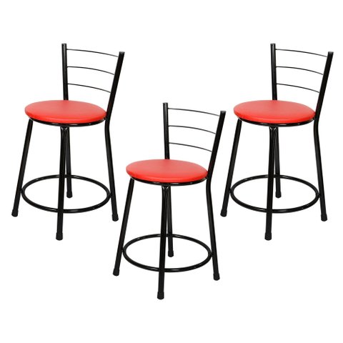3 Banquetas Baixa para Cozinha Epoxi Preta:vermelho