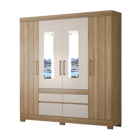 Guarda Roupa Casal 4 Portas com Espelho e 4 Gavetas Florida - Amêndola Touch/off White