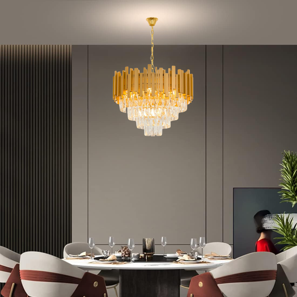 Lustre Pendente 67x50cm104 Cristais 6xe14 Vana Dourado Gold Luminária Teto Gimpo Kjdd-vg4 - 7