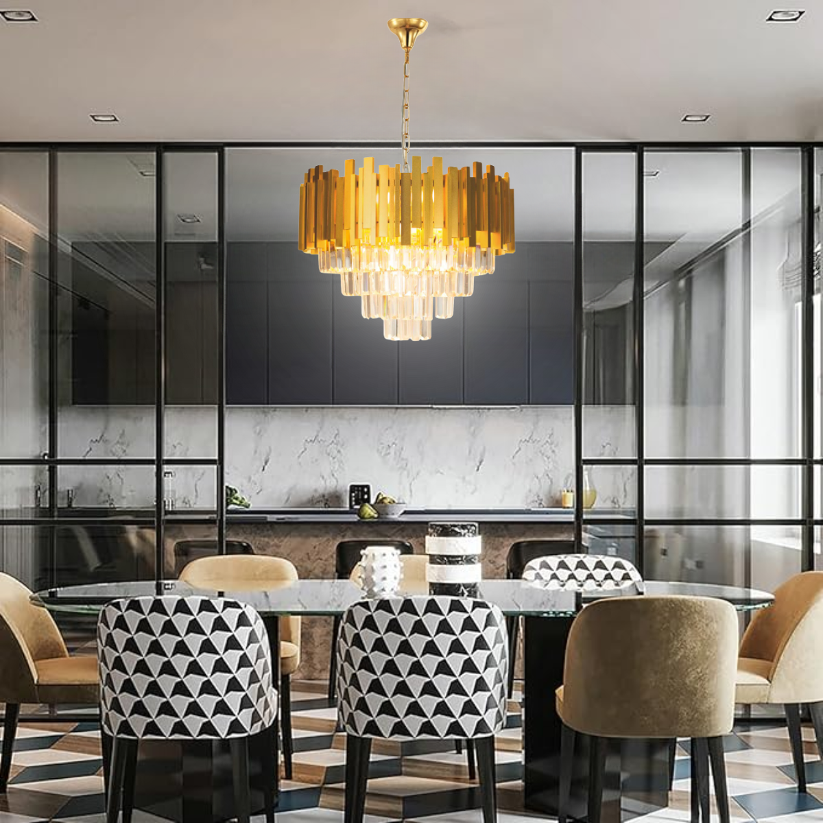 Lustre Pendente 67x50cm104 Cristais 6xe14 Vana Dourado Gold Luminária Teto Gimpo Kjdd-vg4 - 4