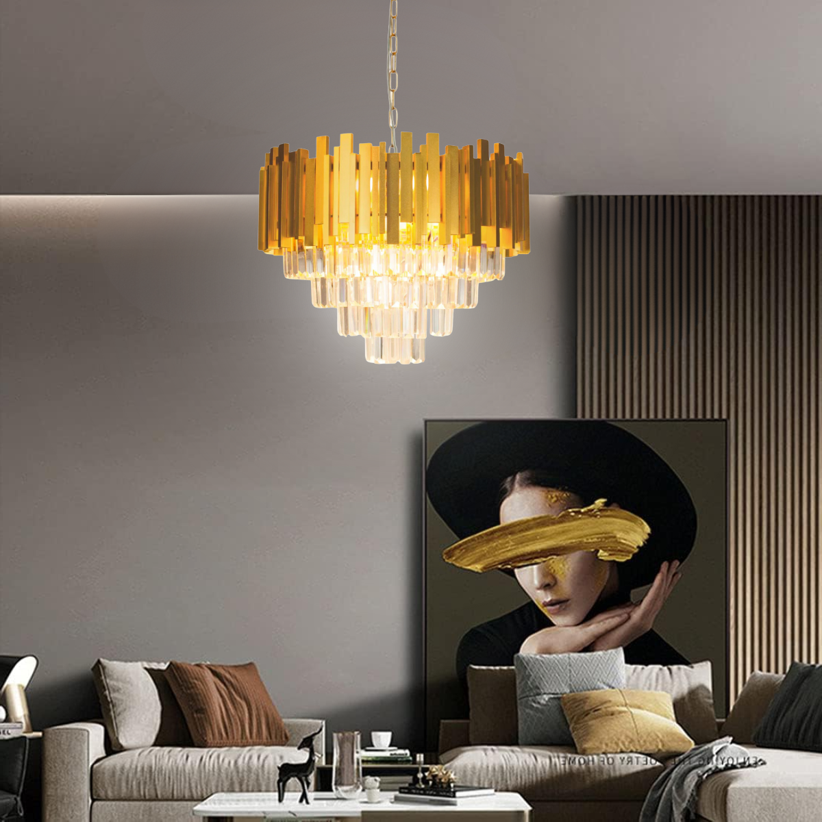 Lustre Pendente 67x50cm104 Cristais 6xe14 Vana Dourado Gold Luminária Teto Gimpo Kjdd-vg4 - 2