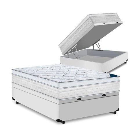 Cama Box Baú Casal Tecido Sintético Branco com Colchão Toronto Molas Ensacadas Branco D33