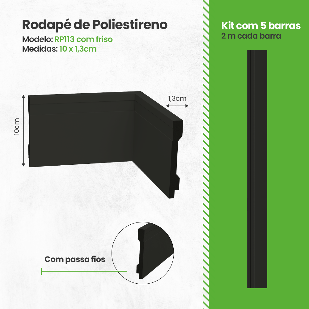 Kit Rodapé de Poliestireno Frisado Preto 5 Barra 10cm Altura - 6